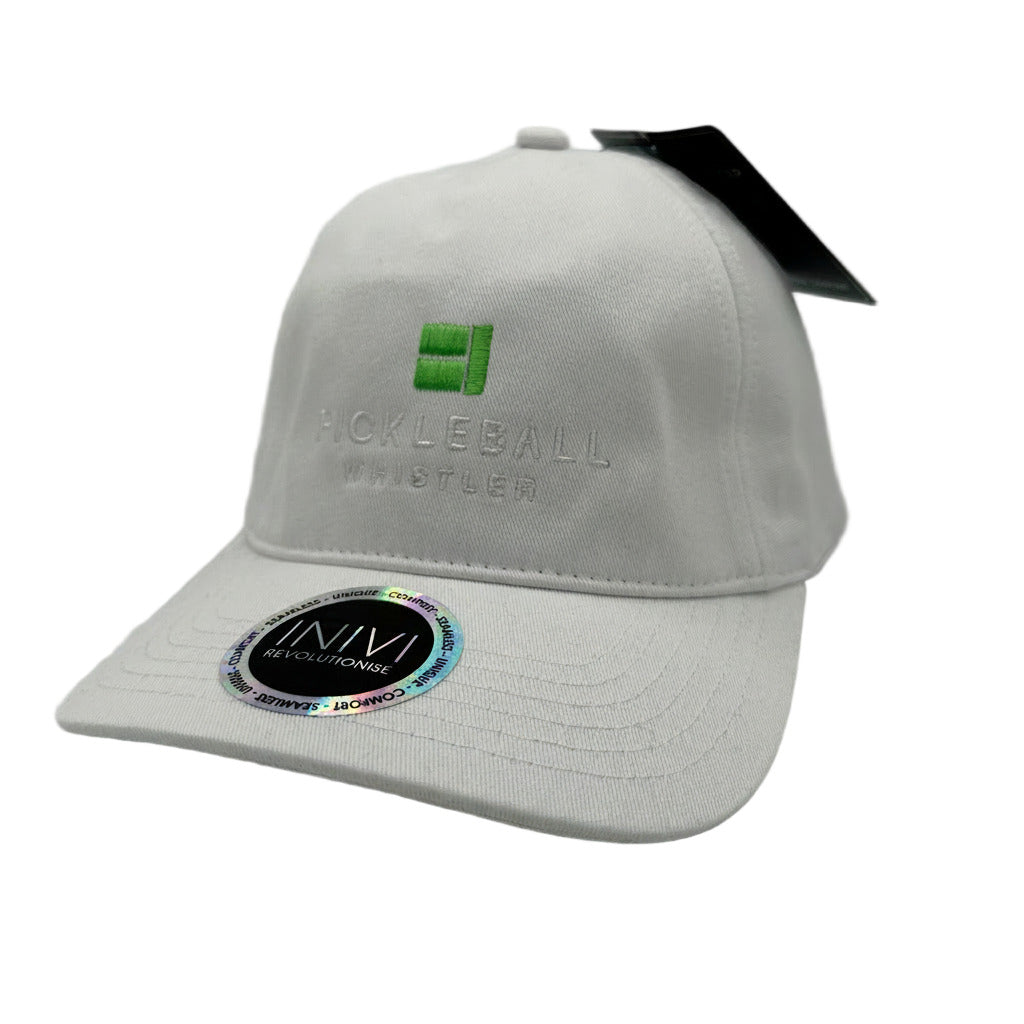 White baseball cap with Pickleball Whistler logo