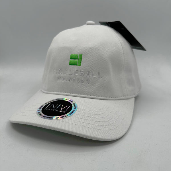 White baseball cap with Pickleball Whistler logo